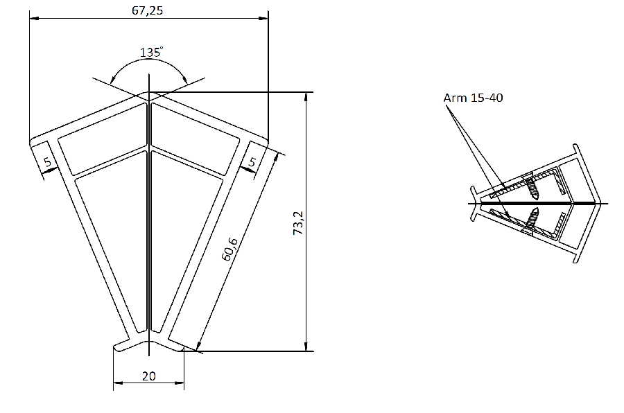 Угловой соединитель 135° для систем 60 мм